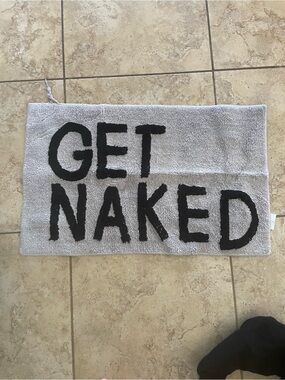 “GET NAKED” Gray Textured Bath Mat with Care Label